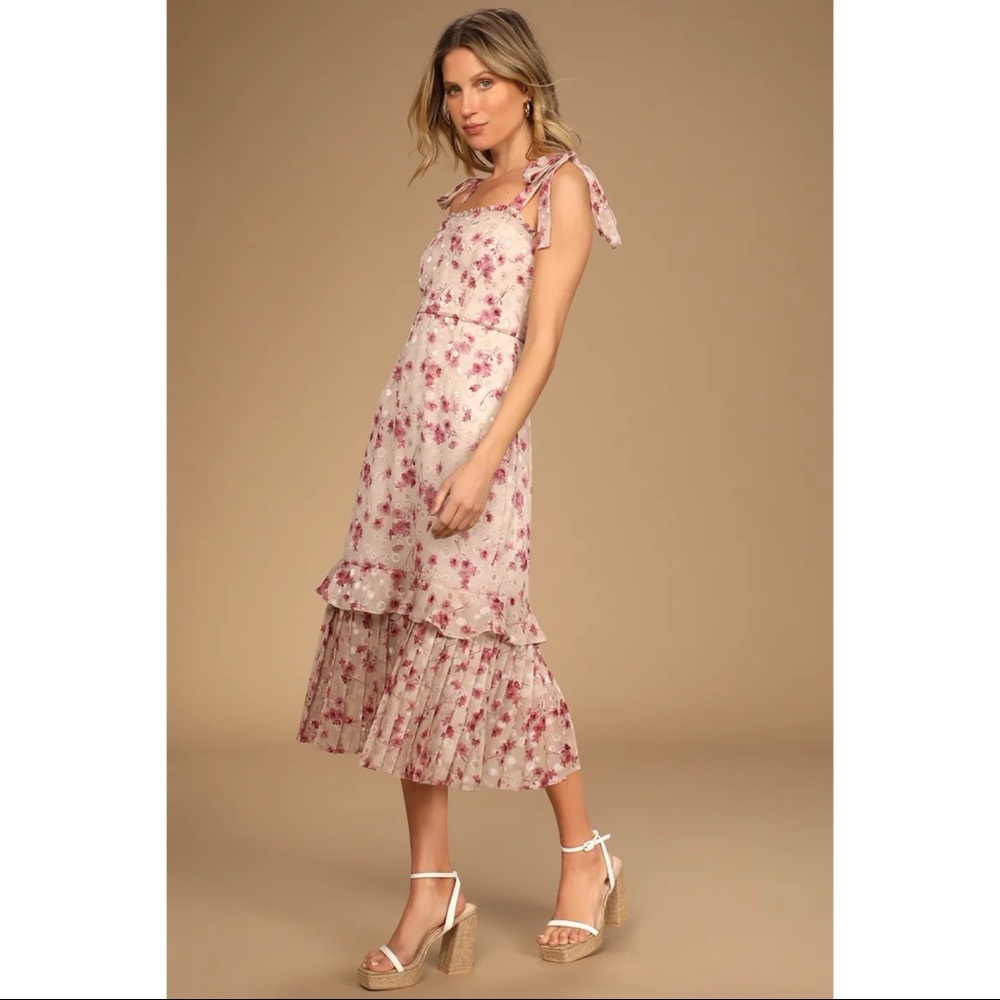 NWOT Lulus Terrace Views Taupe Floral Print Tiered Midi Dress XSMALL - Picture 3 of 15